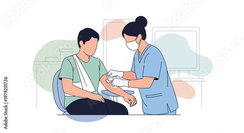 Nurse applying bandage to injured patient's arm in clinic, medical care concept