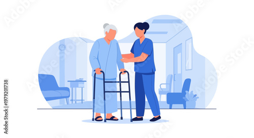 Nurse assisting elderly woman with walker in a care home, promoting independence and support