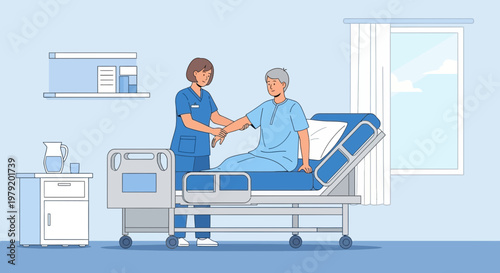 Nurse assisting elderly patient in hospital bed, healthcare concept