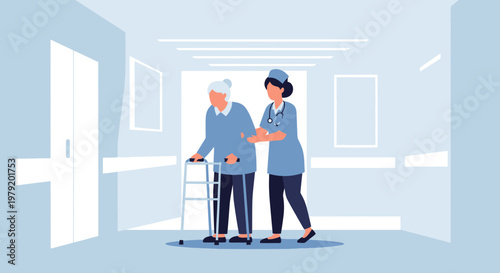 Nurse assisting elderly woman with walker in hospital corridor