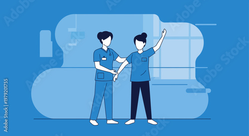 Nurse assisting patient with arm movement, rehabilitation, physical therapy