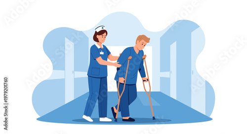 Nurse assisting patient with crutches in hospital corridor, rehabilitation and care concept