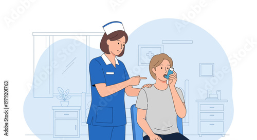 Nurse assisting patient with asthma inhaler in clinic room