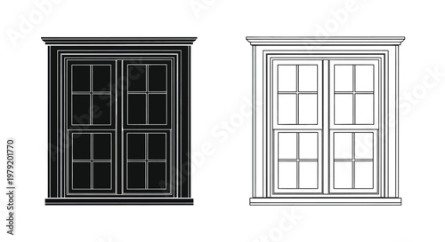 Two detailed window frame illustrations one dark and one light