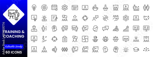 Training and coaching line icons collection. Big UI icon set in a flat design. Thin outline icons pack. Vector illustration