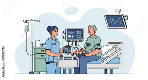 Nurse caring for elderly patient in hospital bed with medical equipment and IV drip
