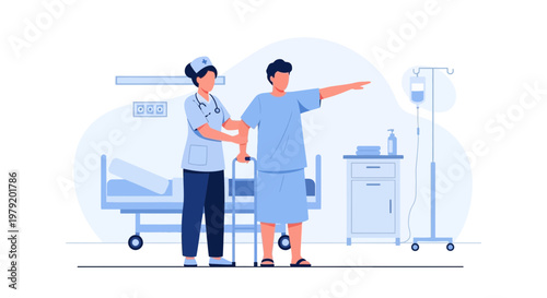 Nurse assisting patient with walker in hospital room, rehabilitation and recovery concept