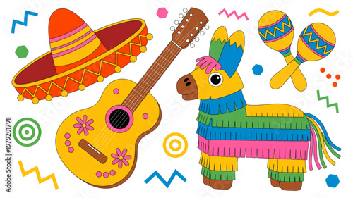 Vibrant mexican fiesta icons with sombrero, guitar, and piñata Vector