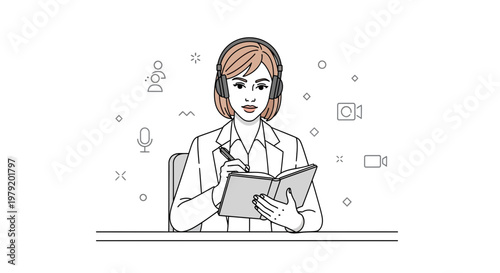 Woman with headphones taking notes in a book, online meeting and broadcasting icons