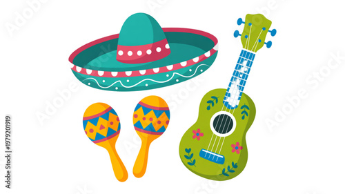 Colorful sombrero and maracas with a small guitar set for festive decorations Vector