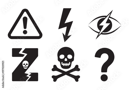 Set of warning signs including exclamation point, lightning, and skull symbols.