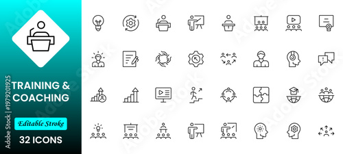 Training and coaching line icons collection. Big UI icon set in a flat design. Thin outline icons pack. Vector illustration
