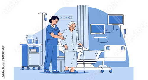 Nurse Helping Elderly Patient Walk in Hospital Room with Medical Equipment