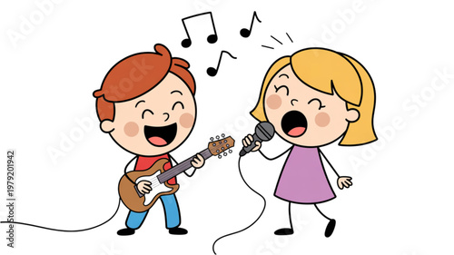 Two animated children singing together with musical instruments Vector