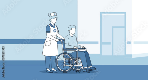 Nurse pushing patient in wheelchair down hospital corridor, medical care, healthcare assistance