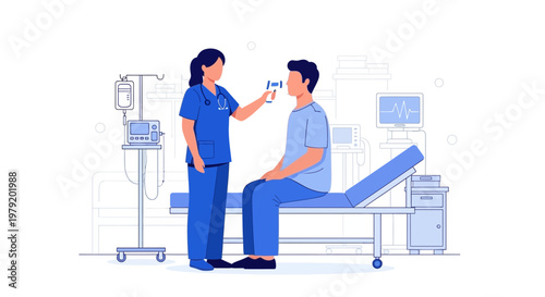 Nurse takes patient's temperature with infrared thermometer in clinic examination room