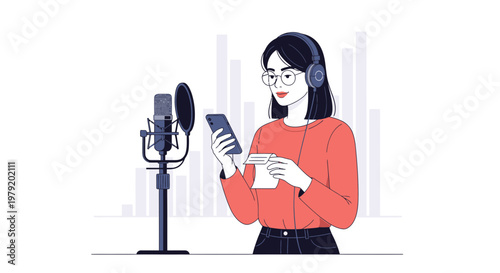 Woman with headphones recording audio with microphone and phone in studio, podcasting concept