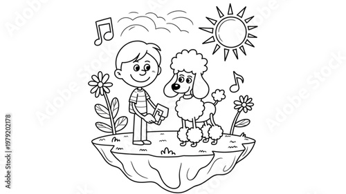 Two children sitting by a decorative pond with plants and a sun Vector