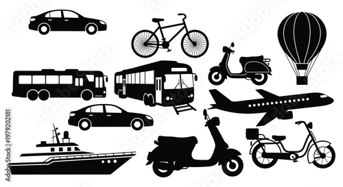 Black silhouette icons representing various modes of transportation