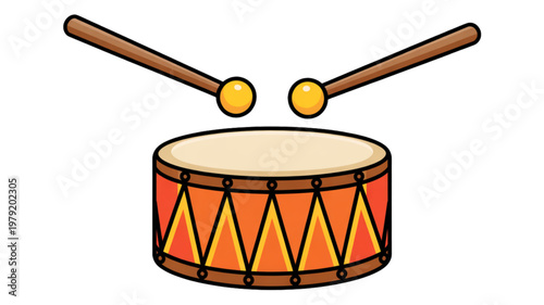Two drumsticks striking a traditional hand drum with colorful patterns Vector