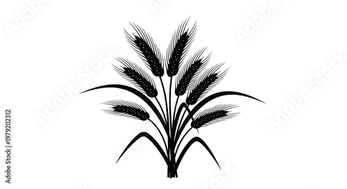 Black and white illustration of wheat stalks with flowing curved stems