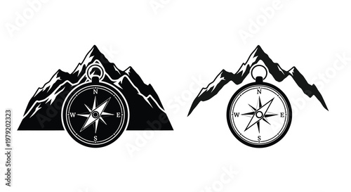 Black and white illustration of mountains with a compass overlay