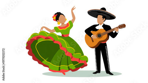 Couple dancing in traditional mexican attire with mariachi music Vector