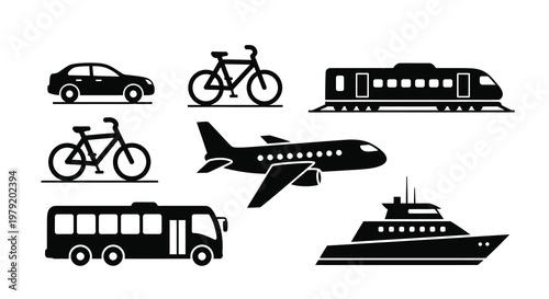 Various modes of transportation depicted in a simple black and white illustration