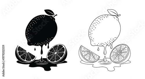 Stylized black and white illustration of lemons slices and dripping juice