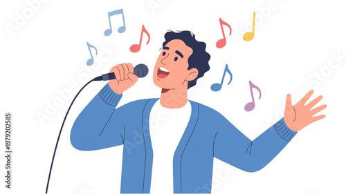 Person passionately singing into a microphone with musical notes floating around Vector