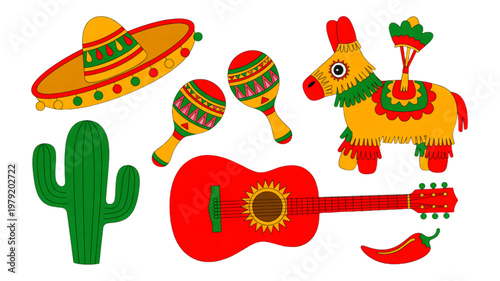 Colorful musical instruments and cactus in festive mexican-themed illustration Vector