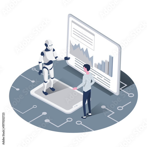 Human and Robot Analyzing Data on Smartphone – AI Collaboration Illustration