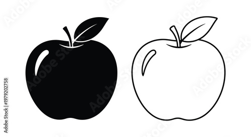Two apples in contrasting black and white line art illustrations