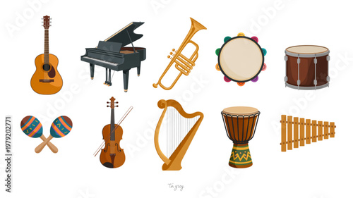 Collection of traditional musical instruments arranged in a row Vector
