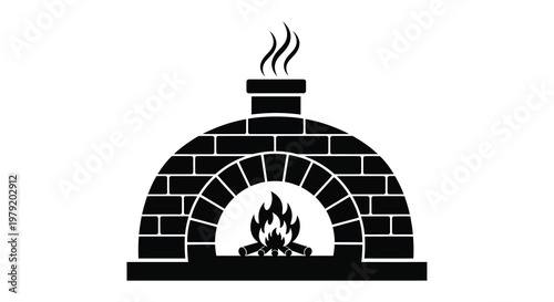 Black and white illustration of a brick oven with a visible fire inside