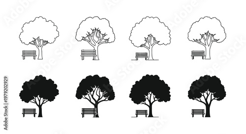 Stylized trees with benches a black and white illustration set