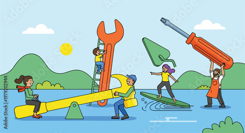 People Working with Large Tools on Water.