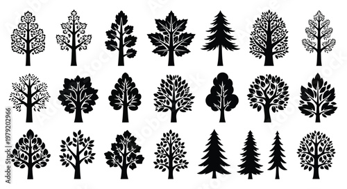 A collection of various tree silhouettes