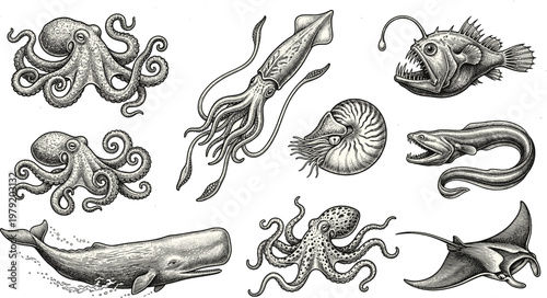 Vintage Hand Drawn Marine Life Illustration Set with Realistic Engraving Style Featuring Octopus Squid Whale and Deep Sea Fish for Nautical Branding and Aquatic Designs