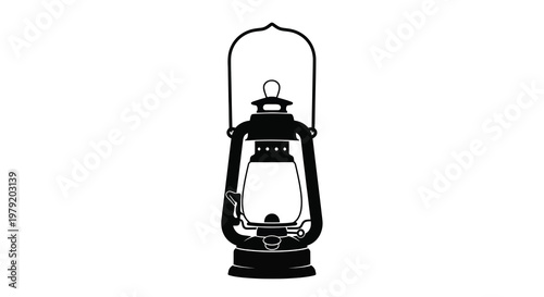 A black silhouette of an antique oil lantern with a hanging wire handle
