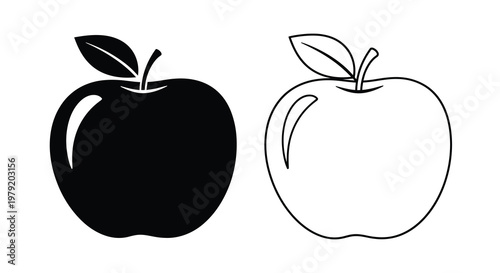 Two apples illustrated in contrasting black and white styles
