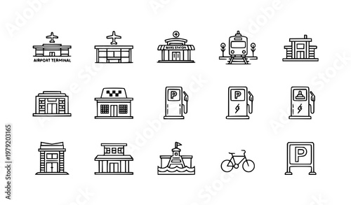 Transport facility line icon set monochrome station airport parking vector illustration