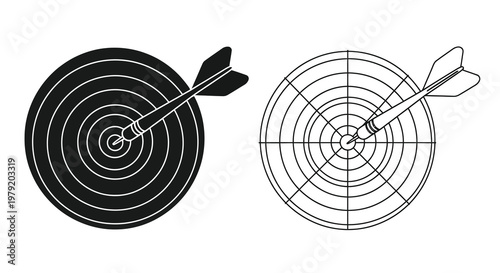 Two dartboards with arrows hitting the bullseye illustrated in contrasting styles