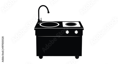 Black and white illustration of a compact kitchen sink and cooktop combo