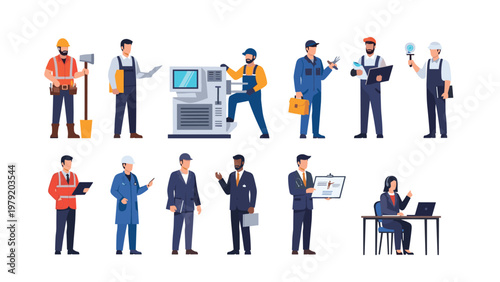 Group of professional workers in various uniforms including construction, engineering, medicine, and office roles represents diverse career paths.