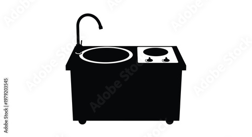 Black silhouette of a compact kitchen sink and stovetop unit