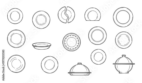 Plate outline icon collection with dinner dishes serving plates and kitchen tableware elements hand drawn line vector set isolated on white