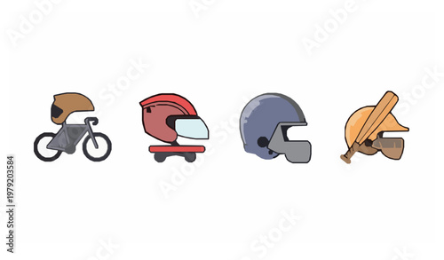 Cartoon sport helmet icons with cycling racing football and skate helmets flat vector set for sports apps and UI design isolated on white