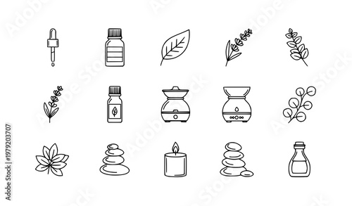 Essential oils outline icons set with dropper bottle diffuser lavender and herbal spa elements thin line vector collection for web design isolated on white