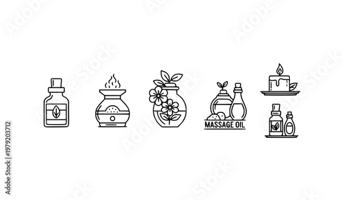 Minimal essential oils line icons with diffuser bottle herbal extract and spa therapy symbols monoline vector set for apps and websites isolated on white